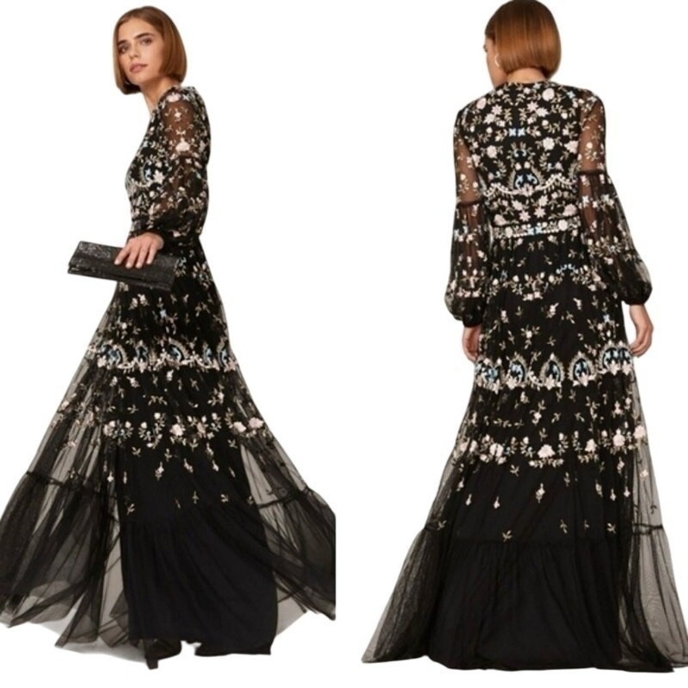 Mac Duggal 35111 Floral Embellished Embroidered Gown Blouson Sleeves Size 6 NWT